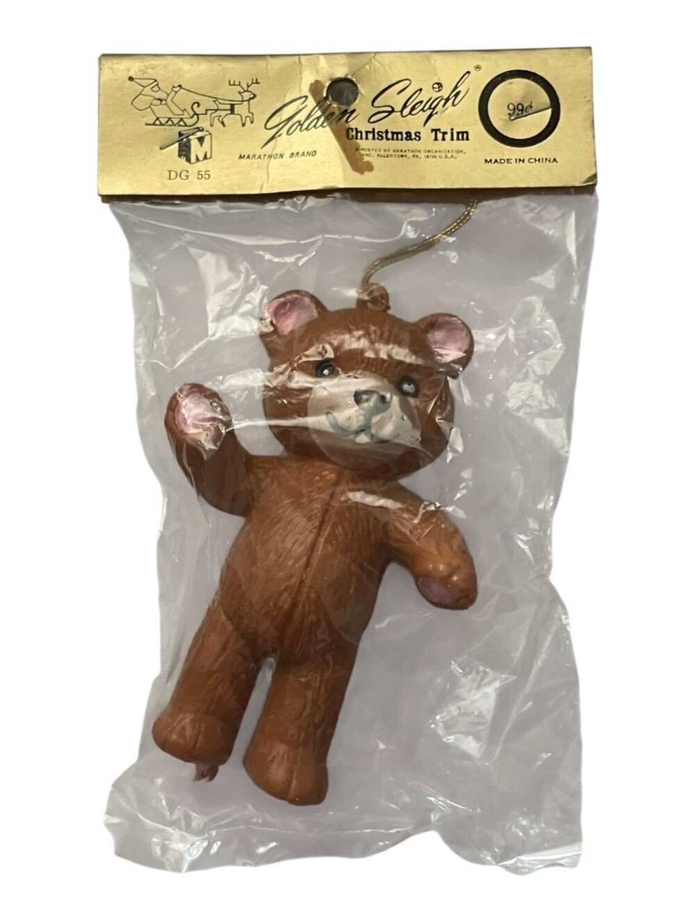 Vintage Golden Sleigh Marathon Brown Bear Christmas Ornament NOS New in Package